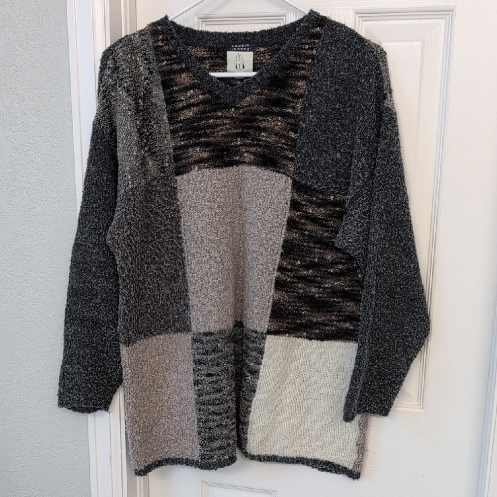 Cousin Johnny Patchwork Knit Sweater - Black, Gray, Cream Wool Blend